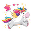 Cartoon funny unicorn on a white background. Cute little pony with stars and heart. Wonderland. Fabulous animal. Isolated children's illustration for sticker, print. Poster for friends, family. Vector