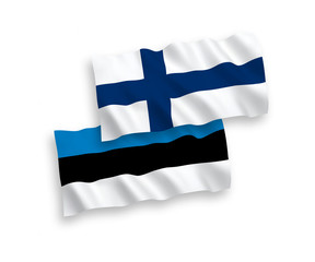 National vector fabric wave flags of Estonia and Finland isolated on white background. 1 to 2 proportion.