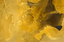 Hand Painted Gold Alcohol Ink Background. Abstract Delicate Yellow Texture. Contemporary Wallpaper. 