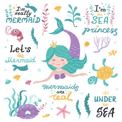 Wall Mural - Set of mermaid, sea animals and lettering