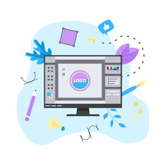 Aufkleber - flat vector graphic design concept with designer with an open design application with a creative pro