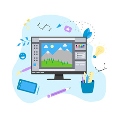 Poster - Flat vector graphic drawing concept with open illustration application with a creative project	