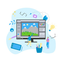Poster - Flat vector graphic drawing concept with open illustration application with a creative project	