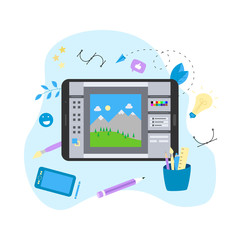 Poster - Flat vector graphic drawing concept with open illustration application with a creative project	