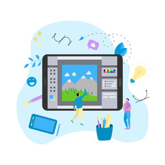 Poster - Flat vector graphic drawing concept with open illustration application with a creative project	