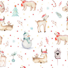 Watercolor Seamless Pattern With Cute Baby Bear, Snowman, Bird And Deer Cartoon Animal Portrait Design. Winter Holiday Card On White. New Year Decoration, Merry Christmas Element