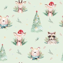 Wall Mural - Watercolor seamless pattern with cute baby bear, raccoon and deer cartoon animal portrait design. Winter holiday card on white. New year decoration, merry christmas element