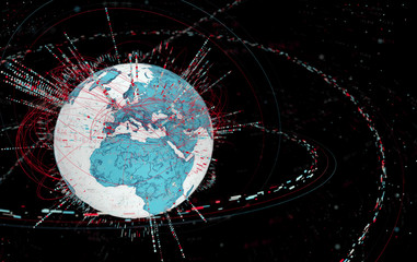 Leinwandbilder - 3d data globe - abstract illustration of a scientific technology data network surrounding planet earth conveying connectivity, complexity and data flood of modern digital age