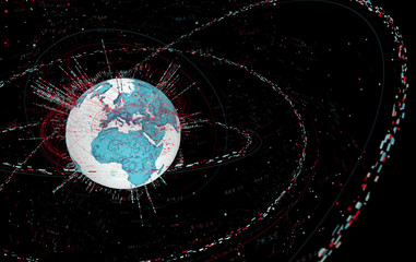 Leinwandbilder - 3d data globe - abstract illustration of a scientific technology data network surrounding planet earth conveying connectivity, complexity and data flood of modern digital age