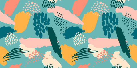 Abstract artistic seamless pattern with trendy hand drawn textures, spots, brush strokes.