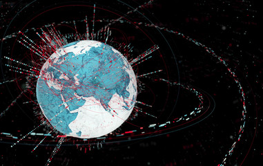 Leinwandbilder - 3d data globe - abstract illustration of a scientific technology data network surrounding planet earth conveying connectivity, complexity and data flood of modern digital age