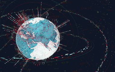 Leinwandbilder - 3d data globe - abstract illustration of a scientific technology data network surrounding planet earth conveying connectivity, complexity and data flood of modern digital age