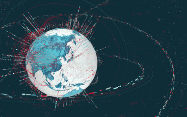 Leinwandbilder - 3d data globe - abstract illustration of a scientific technology data network surrounding planet earth conveying connectivity, complexity and data flood of modern digital age