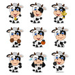 Set of funny cow in different sports and with prizes on white background