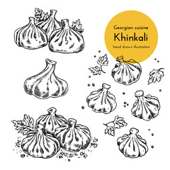 Wall Mural - set of illustrations of traditional georgian khinkali dish. vector sketch with georgian cuisine. khinkali