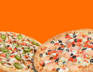 Poster - promotional set of two pizzas on an orange background. concept for stock pizza menu