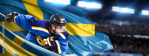 Sweden Hockey Player in action around national flags Wallpaper Mural
