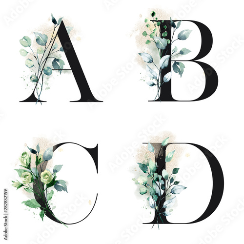 Floral Alphabet Letters A B C D With Watercolor Flowers And