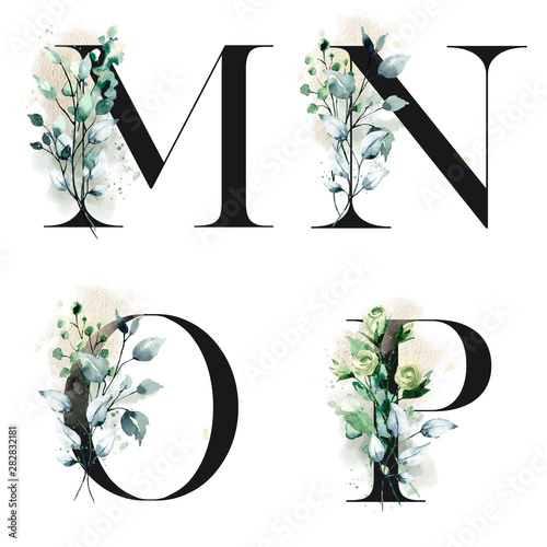 Naklejka litery na szybę  alfabet-kwiatowy-litery-m-n-o-p-z-akwarelowymi-kwiatami-i-liscmi-inicjaly-monogramu-idealnie