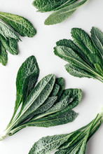 Fresh Organic Green Kale Leaves Pattern On A White Background, Flat Lay Healthy Nutrition Concept