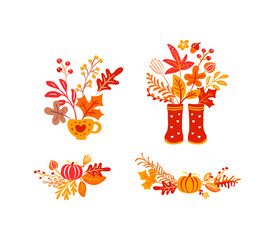 Set of orange autumn leaves bouquets with rubber boots. Orange leaves of maple with cup, with pumpkin, with foliage oak, fall nature season poster thanksgiving design