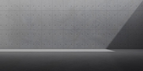 Fototapete - Abstract of concrete interior with sun light cast the shadow on the wall ,Geometric structure design,Museum space,Perspective of brutalism  architecture,3d rendering	