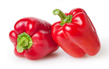 Fresh Red Bell Peppers Isolated On White Background With Clipping Path