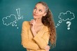 © BillionPhotos.com - Portrait of thoughtful young woman on green background with signs