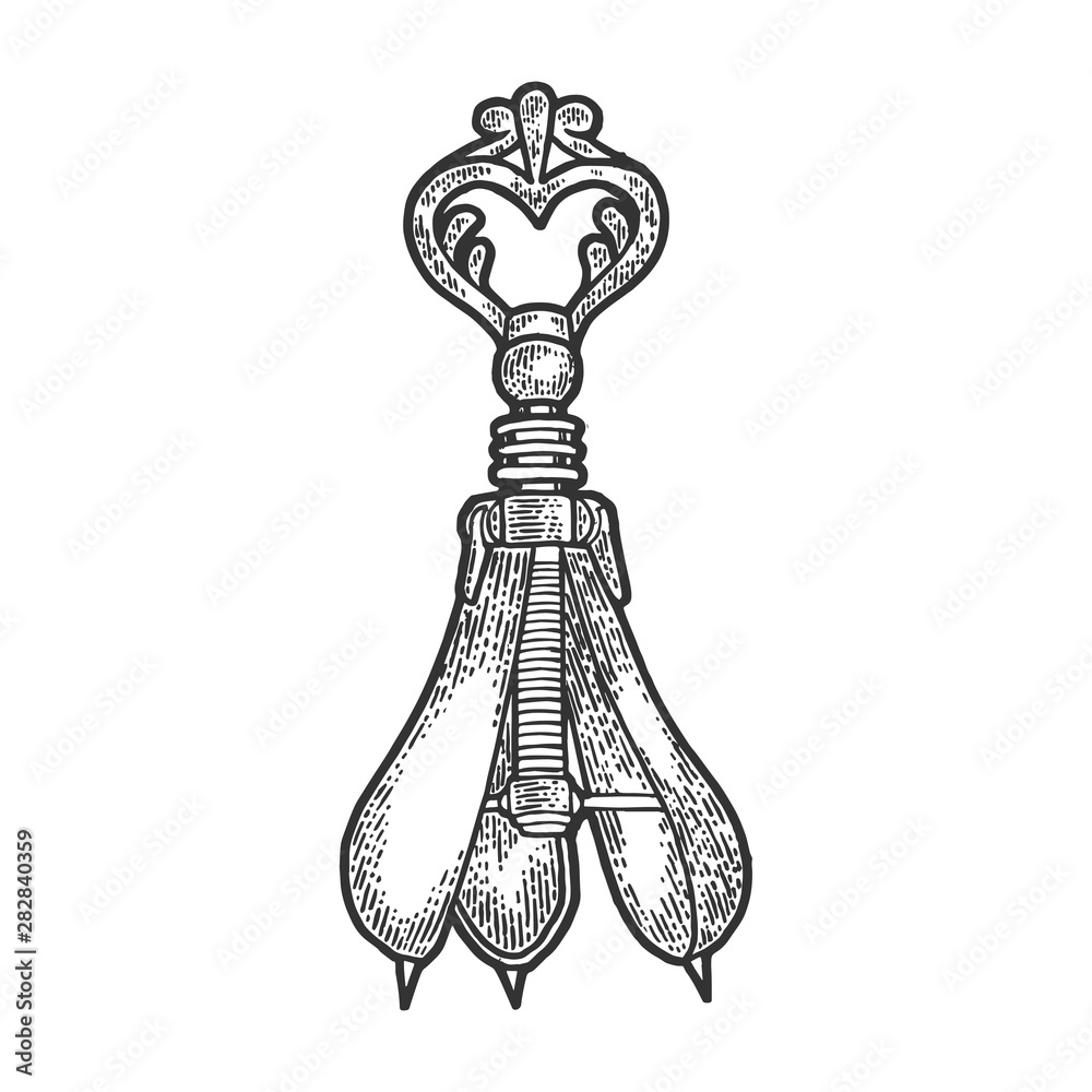 Pear of anguish medieval torture device sketch engraving vector  illustration. Scratch board style imitation. Hand drawn image. Stock Vector 
