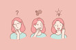 © Dzianis Vasilyeu - Thoughtful serious young women with hand on him feeling doubt thinks and finds a solution. Brainstorm concept. Businesswoman planning. Cartoon flat Design, Isolated Vector Illustration.