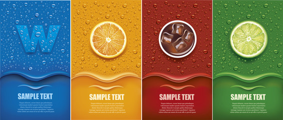 Wall Mural - Drinks and juice background with drops and orange and lime slice