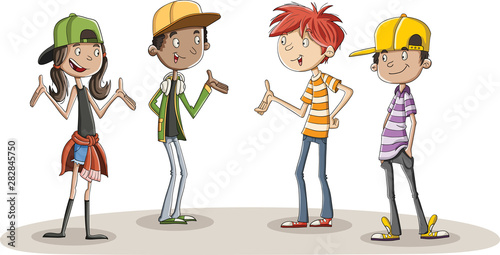 Group of cartoon young people talking. Teenagers.