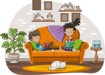 Wall Mural - Teenagers reading books in the living room. Cartoon couple reading on sofa. 