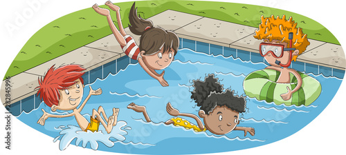 Cute happy cartoon children jumping into a swimming pool.