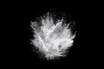 Wall Mural - white powder explosion on black background. colored cloud. colorful dust explode. paint holi.