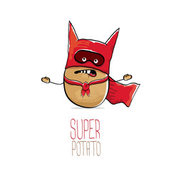 vector funny cartoon cute brown super hero potato with red hero cape isolated on white background. My name is potato vector concept. super vegetable funky character