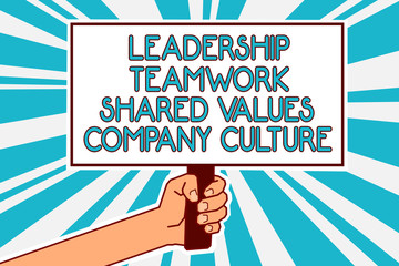 Poster - Conceptual hand writing showing Leadership Teamwork Shared Values Company Culture. Business photo text Group Team Success Man hand holding poster important protest message blue background