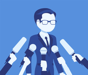 Tv interview microphones, broadcasting male speech. Popular young man recording opinion, business, political celebrity gives comments for news, reportage. Vector illustration, faceless character