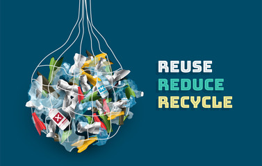 Save world from Plastic by Reuse, Reduce and Recycle concept. Creative vector background or banner design in EPS10 illustration.