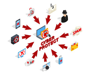 Poster - Cyber protect concept banner. Isometric banner of cyber protect vector concept for web, giftcard and postcard