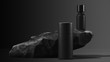 bottle of essential massage oil on stone - beauty treatment. Minimal Black design packaging mock up. 3d illustration.