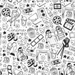 Vector set. Cartoon cute hand drawn Cinema. black white detailed, with lots of objects background. Doodle Set. Hand drawn cinema icons doodle
