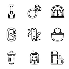 Poster - Climbing tools icon set. Outline set of 9 climbing tools vector icons for web design isolated on white background