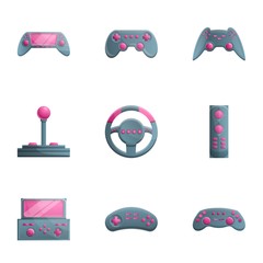 Poster - Videogame joystick icon set. Cartoon set of 9 videogame joystick vector icons for web design isolated on white background