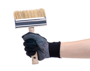 Wall Mural - Hands in working gloves holding building paint brush on white background isolation