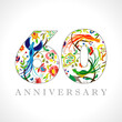 60 years old logotype. 60 th anniversary numbers. Decorative symbol. Age congrats with peacock birds. Isolated abstract graphic design template. Royal coloured digits. Up to 60% percent off discount.