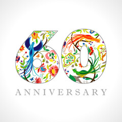 Wall Mural - 60 years old logotype. 60 th anniversary numbers. Decorative symbol. Age congrats with peacock birds. Isolated abstract graphic design template. Royal coloured digits. Up to 60% percent off discount.