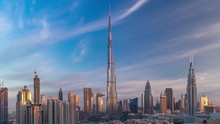 Dubai Downtown Skyline Timelapse With Burj Khalifa And Other Towers During Sunrise Paniramic View From The Top In Dubai