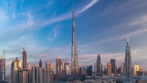 Cuadros en Lienzo Dubai Downtown skyline timelapse with Burj Khalifa and other towers during sunri