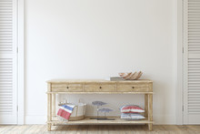 Console Table Near Empty White Wall. 3d Render.
